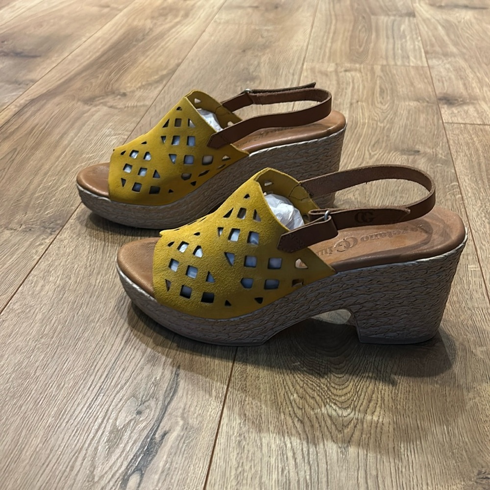 yellow leather espadrille heeled sandals